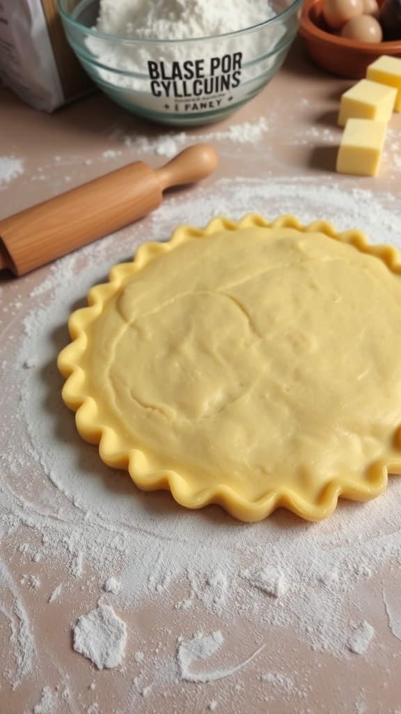 A rolled out pie crust on a floured surface with a rolling pin and ingredients in the background.
